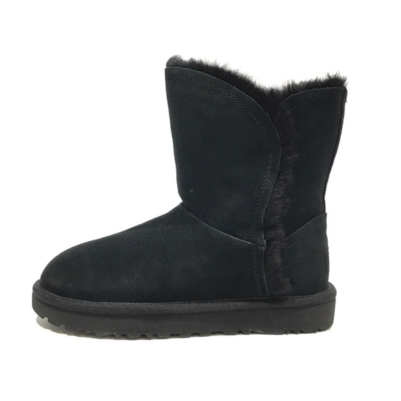 UGG CLASSIC SHORT FLUFF HIGH LOW BOOTS -BLACK SUEDE / TOSCANA SHEEPSKIN -US 6 - Picture 2 of 7